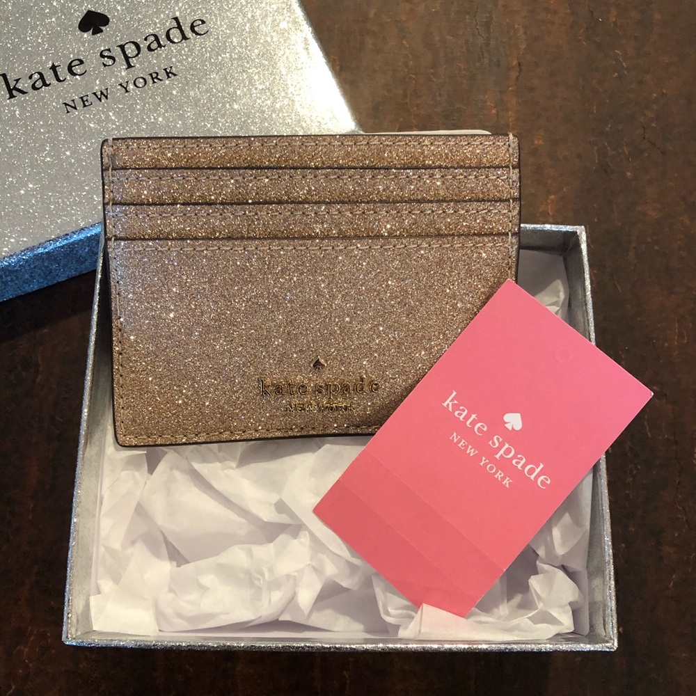 NEW Kate Spade Rose Gold Glitter Slim Card Holder